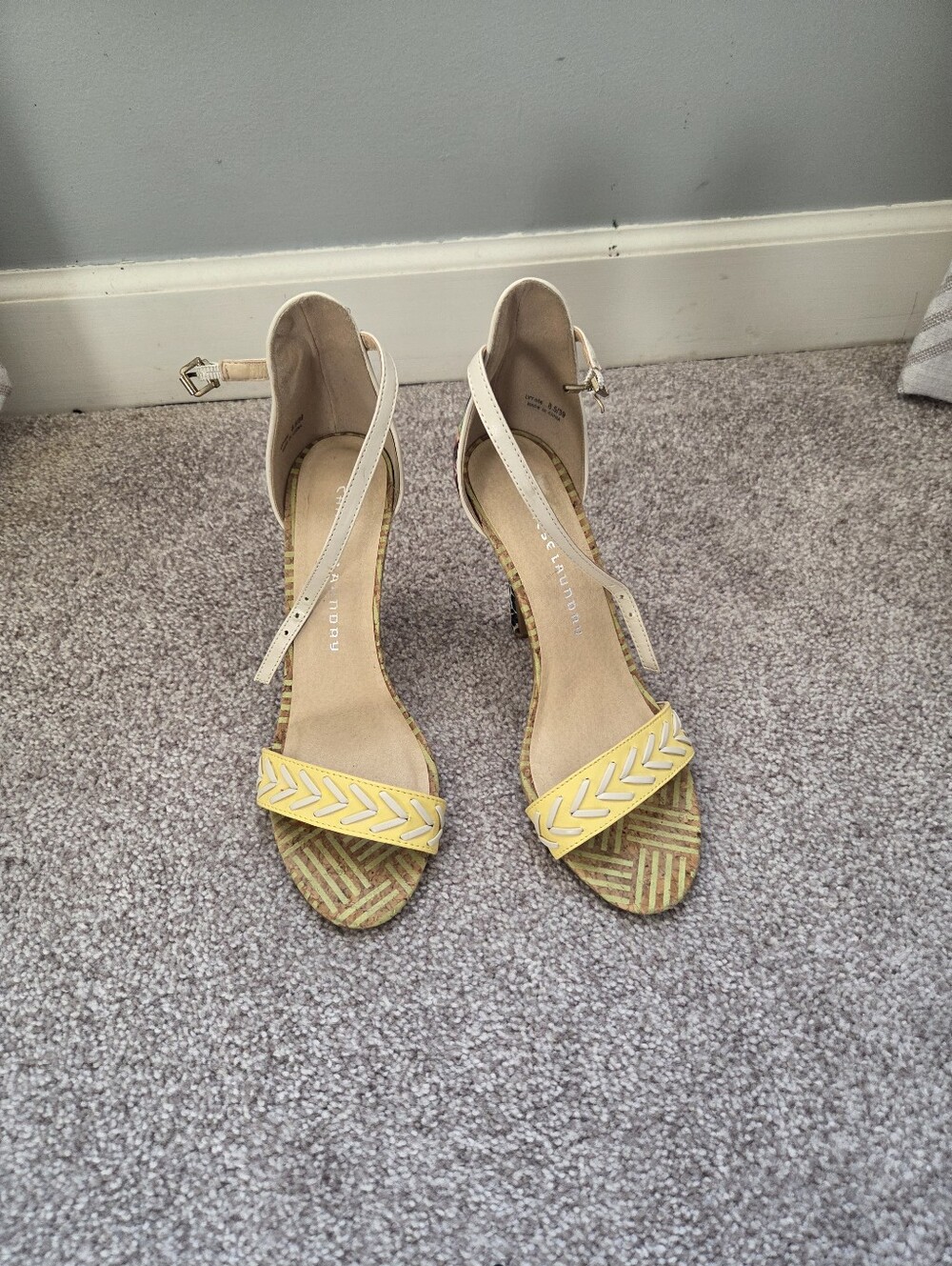 Chinese Laundry Yellow and Beige Woven Ankle-Strap Heels